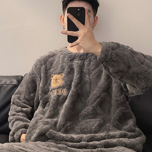 Crew Neck Grey Small Bear Fleece Padded Thick pyjamas for Autumn and Winter Men's Bestselling New Homecoming Clothes
