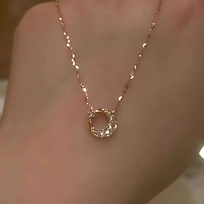 2025 New Model Sun, Moon, and Stars Necklace for Women, Exquisite Light Luxury High-End Zircon Moon Pendant Clavicle Chain Wholesale