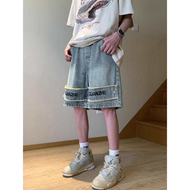 Men's Style Washed Distressed Denim Shorts Niche Design High Street Muddy Wide Leg Straight Leg Five Point Pants_mkmklike.com