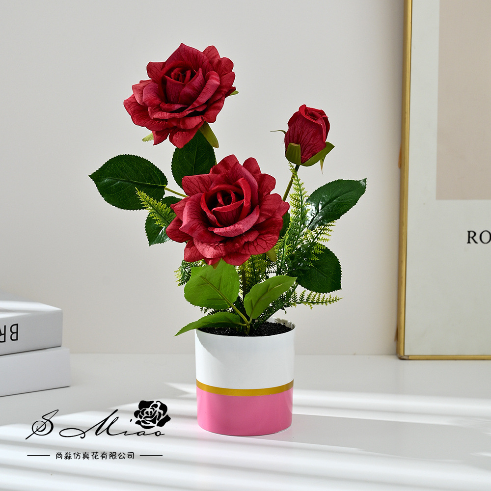Transfronterizo de tres cabezas rosa bonsai imitación maceta flores falsas props de fotografía flores artificiales bodas decoración del hogar