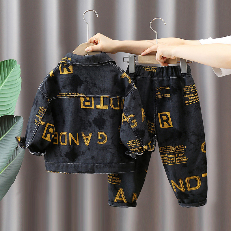 5983 Traje de otoño para niños 2025 Primavera y otoño Nuevo estilo Ropa de mezclilla de la calle frita para niños Traje de dos piezas de estilo occidental para bebés