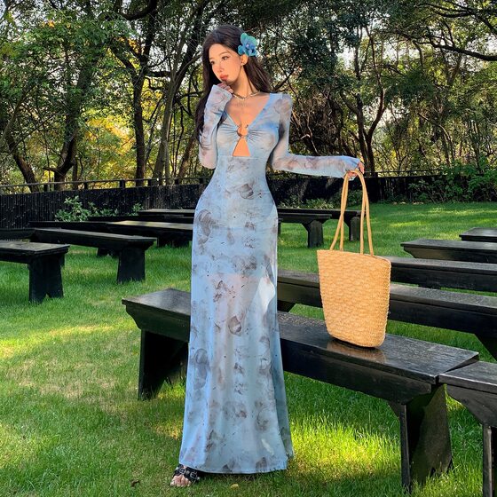 Blue Printed V-Neck Slim-Fit Elegant Long Dress for Vacation and Travel Super Good-looking dress Spring Women