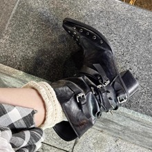 牛皮版~复古风真皮铆钉尖头西部短靴女粗跟高跟马丁靴骑士中筒靴