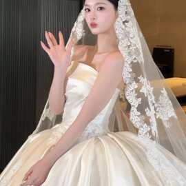 复古蕾丝长头纱新娘主婚纱法式大拖尾超仙婚礼绝美高级感拍照道具
