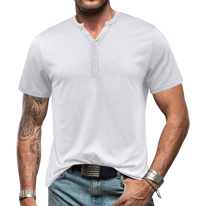Heißer Sommer Atmungsaktive Herren Henry Kurzarm T-shirt Europäische und Amerikanische männer Taste Einfarbig T-shirt Top_voghion.com
