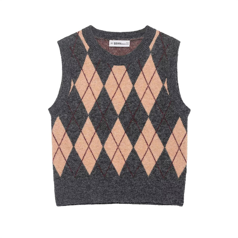 Pb&Za Autumn and Winter Women's Diamond Plaid Sleeveless Knitwear Vest Vest Knitwear Top Pb&Za Autumn and Winter Women's Diamond Plaid Sleeveless Knitwear Vest Vest Knitwear Top