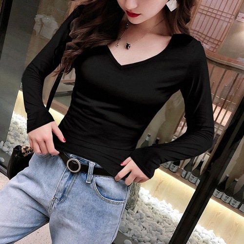 V-neck women's spring autumn inner layer stylish high-quality autumn top regular shoulder slim fit long sleeve chicken heart collar T-shirt trendy