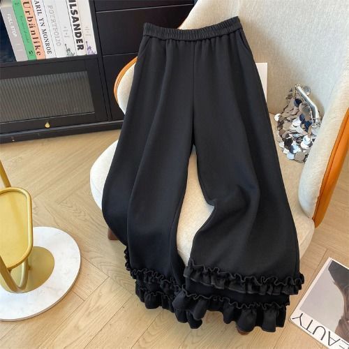大きいサイズの人気レースパンツ春夏新作ワイドレッグパンツ小柄な人向け黒ゆったり耳付きワイドレッグ9点パンツ|undefined