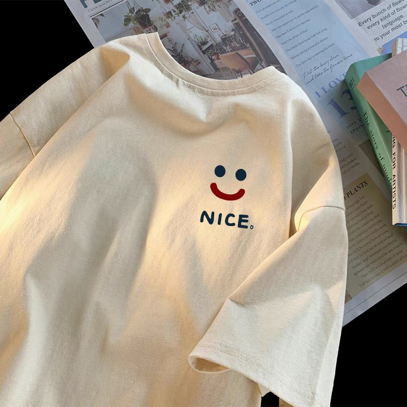 High Quality Pure Cotton 240g Simple Printed Cute Smiling Face T-Shirt Boys Summer New Youth Short-Sleeved Tops