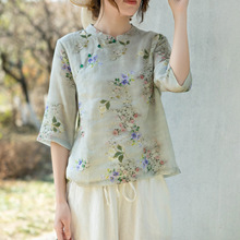 2023春季新款苎麻衬衫女中国风立领印花复古中式棉麻中袖女式衬衫