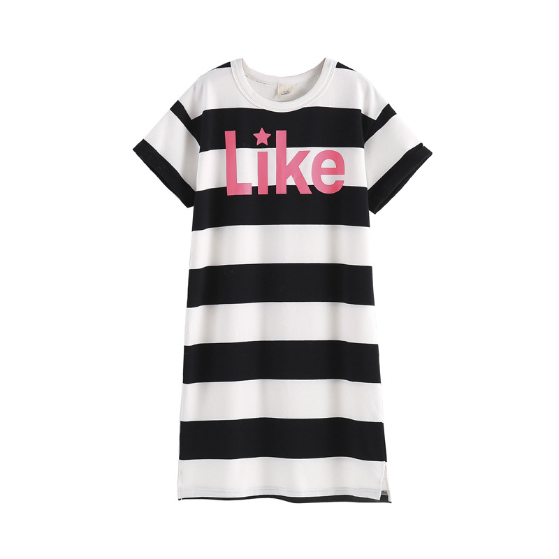 Camiseta de las niñas de manga corta de verano de longitud media estilo occidental a rayas sueltas ropa de verano para niños vestido de moda