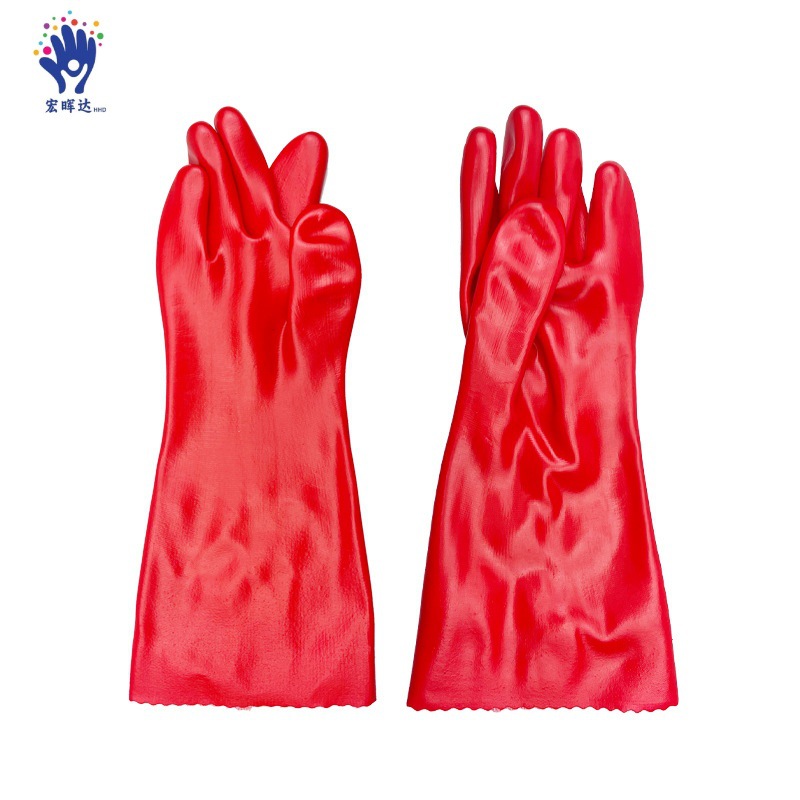 红色PVC光面防滑耐油耐酸碱棉布涤纶内里加厚耐用耐磨手套