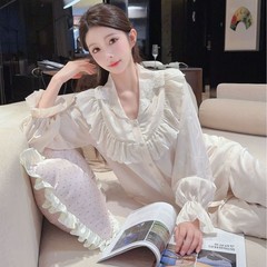 女性用高級アイスシルクパジャマ、夏用薄手長袖レーススーツ、韓国風ネットセレブアイスシルク女性宮殿スタイル