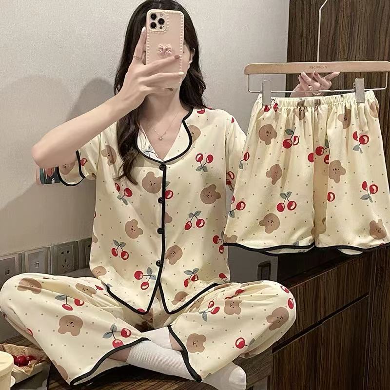 Explosión de tres piezas Cardigan pijama de mujer de verano de mangas cortas pantalones largos delgados se pueden usar dibujos animados dulce conjunto de ropa para el hogar