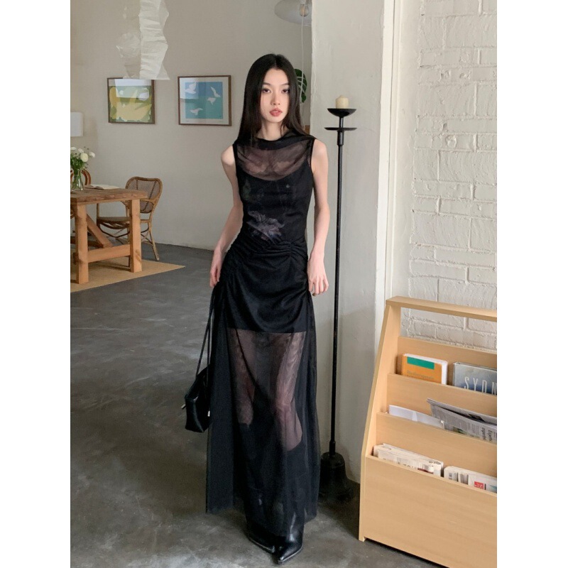 Real Shot of Spot Black Mesh Slim Fit Slit Dress Women's Pleated Skirt Mid-Length Real Shot of Spot Black Mesh Slim Fit Slit Dress Women's Pleated Skirt Mid-Length