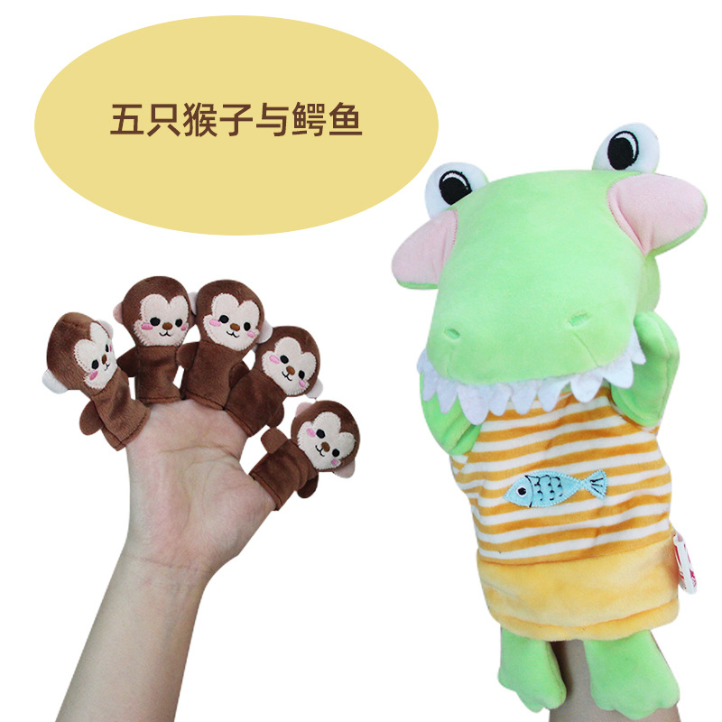 5 monkeys + hand puppet crocodile