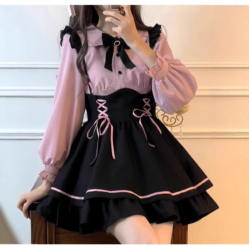 Cross-border Spring Women's Lace-side Horn Sleeve Long-sleeved Pink Shirt Strapband Skirt Japanese Style Sweet College Style suit Cross-border Spring Women's Lace-side Horn Sleeve Long-sleeved Pink Shirt Strapband Skirt Japanese Style Sweet College Style suit