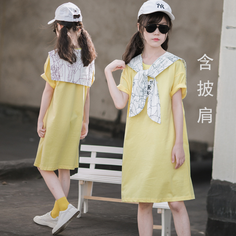 ¡Cuello de chal! Vestido de verano para niñas 2024 nuevo estilo vestido de verano para niños de mediana edad y estilo occidental de moda para niños