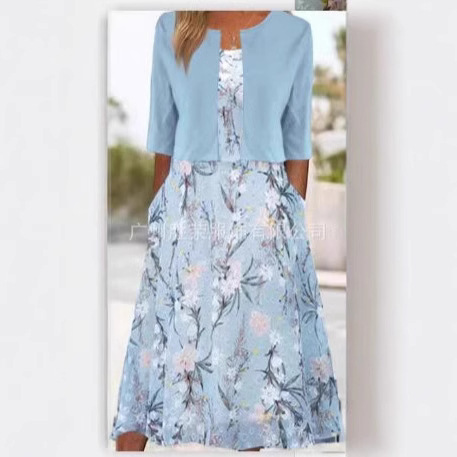 2025 New Ready-Made Cross-Border Foreign Trade European and American Clothing Round Neck Two-Piece Set Fashionable and Elegant Long Women's Dress