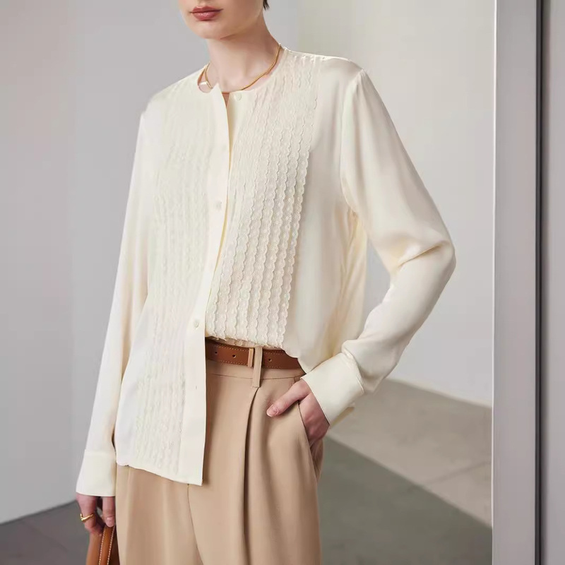 Silk Shirt for Women 2026 Spring and Summer New Style Stretch Double-Georgette Solid Color Lace Splicing Long-Sleeve Mulberry Silk Shirt