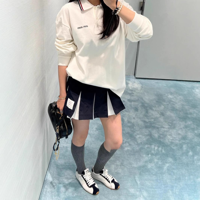 MIU系25SS新款纯色字母刺绣简约撞色翻领长袖宽松poloT恤上衣男女|undefined