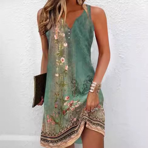 Floral Button Casual A-line Skirt Sleeveless V-neck Dress for Women