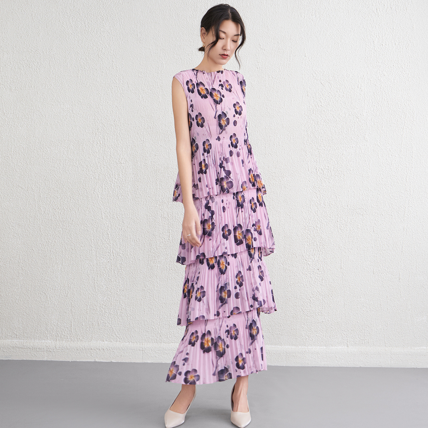 프랑스 뉴 레트로 플로랄 롱 원피스 여성 여름 하이 엔드 여성 의류 미야케 슬리밍 우아한 비치 원피스