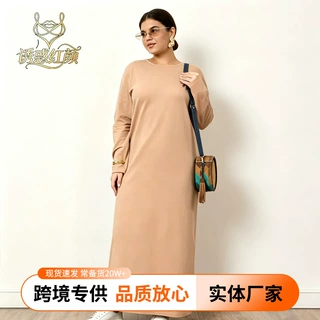 欧美大码女装长袖连衣裙宽松圆领过膝直筒长裙显瘦长款连衣裙