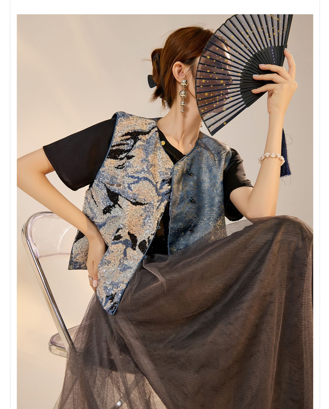 Áo vest nữ phong cách Trung Hoa mới 2026, thiết kế thêu sequin, chất rayon sang trọng — Đen, Màu huyền ảo, Xanh lam chi tiết 18