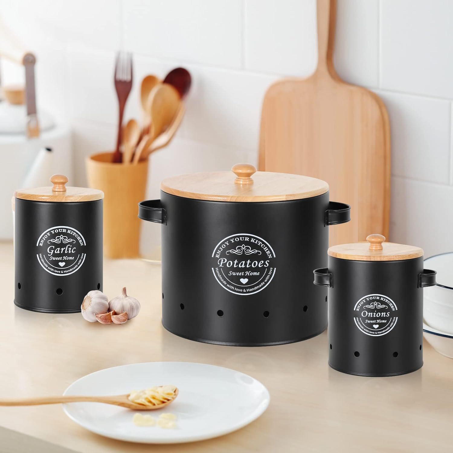 Latas redondas transfronterizas de papas, cebollas, ajo, barril de almacenamiento, almacenamiento de cocina, envasado en latas permeables a la respiración y preservación fresca