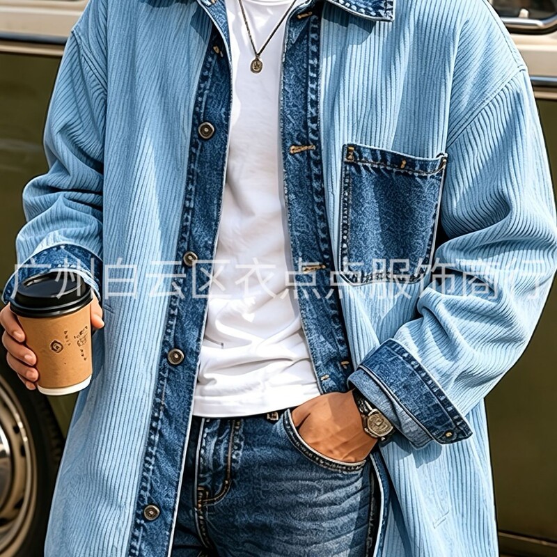 Cross-border American retro patchwork denim shirt for men, loose fit, color-blocked, turn-down collar, workwear jacket, plus size casual coat Cross-border American retro patchwork denim shirt for men, loose fit, color-blocked, turn-down collar, workwear jacket, plus size casual coat