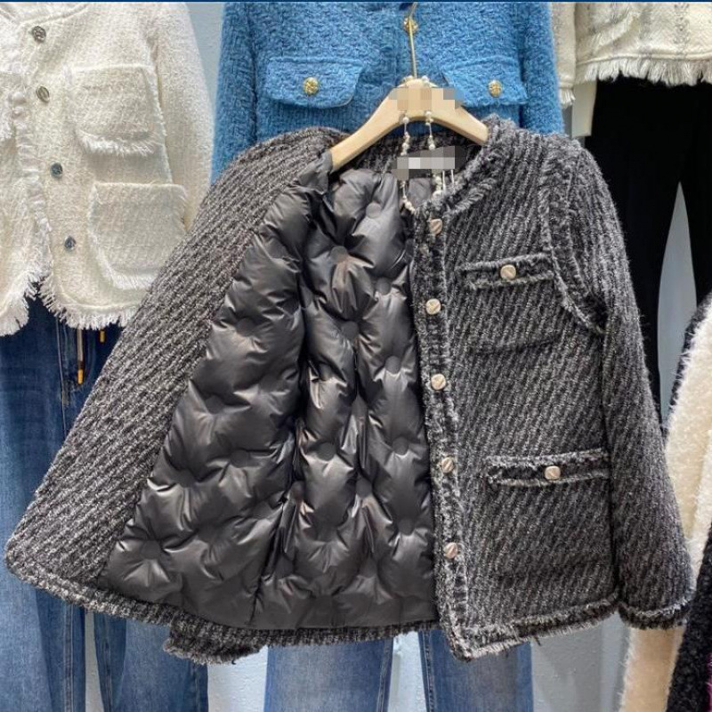 White Duck down Lining Women's Chanel-Style Jacket Trendy Tweed 2023 Winter New Loose Thick Coat