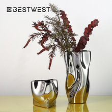 Best west 电镀银色轻奢陶瓷花瓶摆件 家居软装客厅餐桌花器花盆