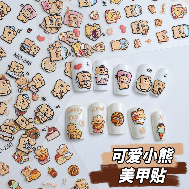 Hot-Selling Japanese-Style Bear Nail Stickers, Cartoon Sweet and Cool Style, Three-Dimensional Bear Nail Stickers, Pink Heart Stickers