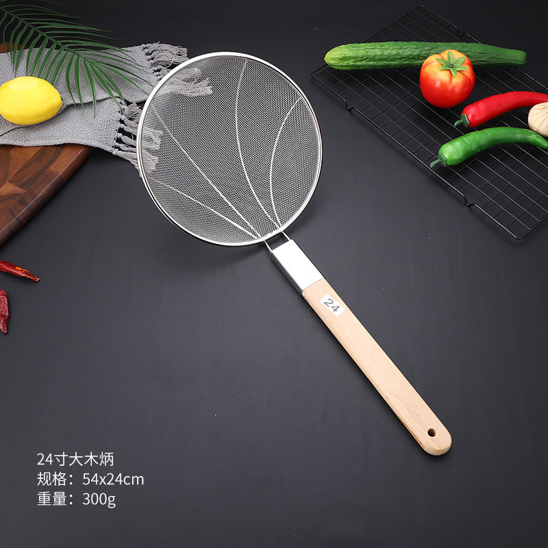 Mango de madera de acero inoxidable gran filtro de malla larga filtro de malla comercial de alimentos fritos tamizado olla caliente para pescar fideos cucharada grande
