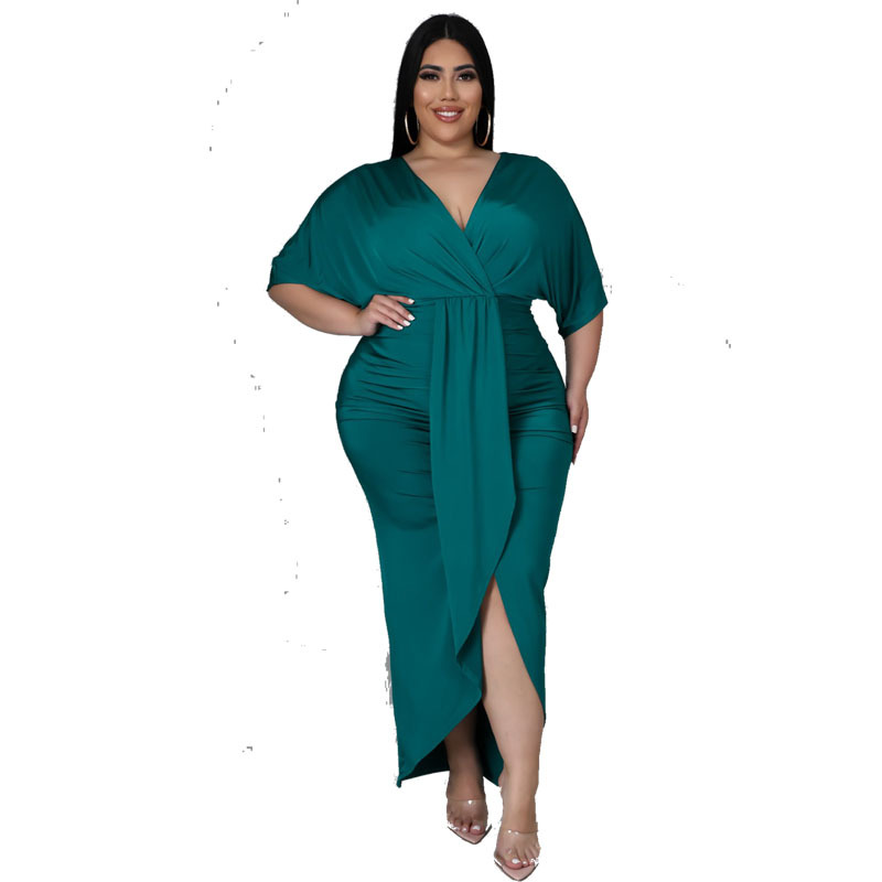Vestido elegante de manga corta verde para primavera y otoño, falda irregular de color sólido, vestido versátil de talla grande para la hora del té.
