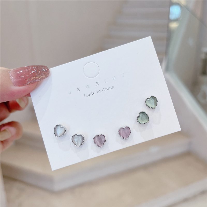 Casual, Daily Occasion 925 Sterling Silver Material 1 Pair Cute Sweet Heart Shape Stoving Varnish Plating Inlay 925 Sterling Silver Cat's Eye Stone Ear Studs