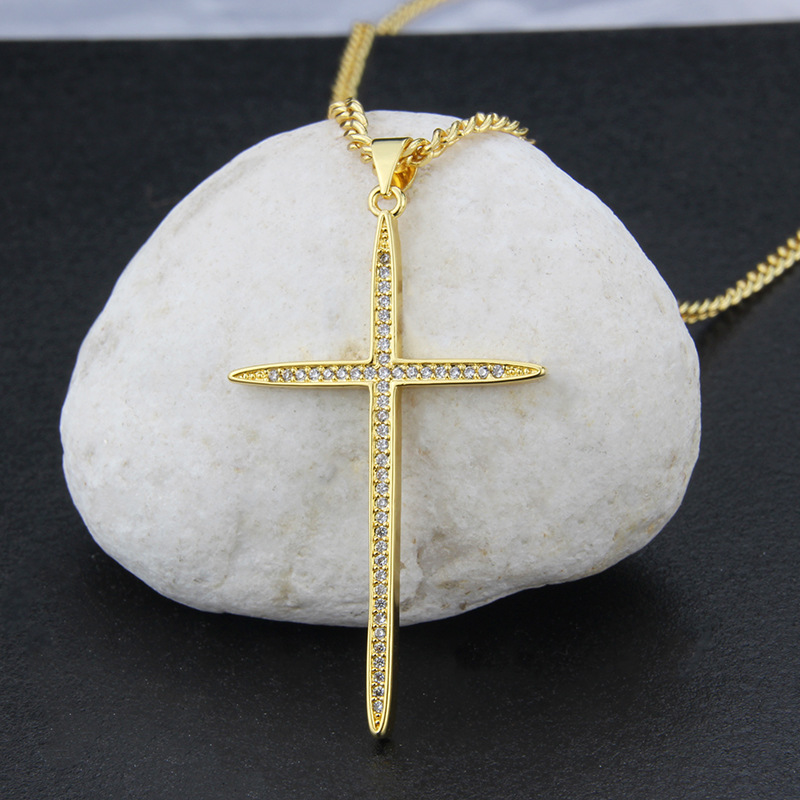 American inlaid zirconium large cross copper gold-plated necklace