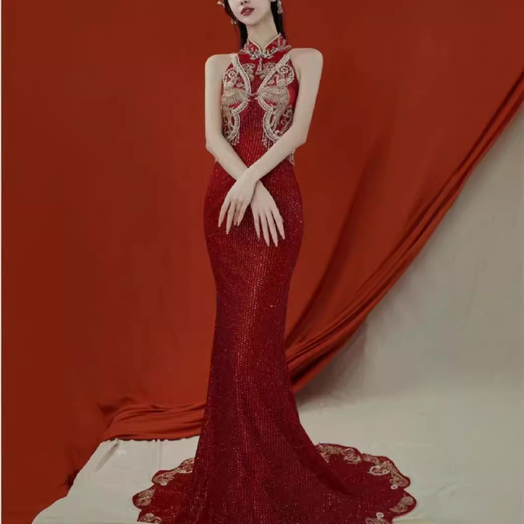 Xiuhe Toast Dress 2025 New Summer and Autumn Host Neck Style Improved Sequin Fishtail Beads Vintage Evening Dress