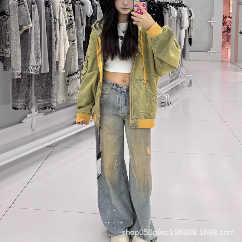 SMFK神殿花园牛仔阔身帽衫时尚重工抽绳上衣提花复古外套2025女秋|undefined