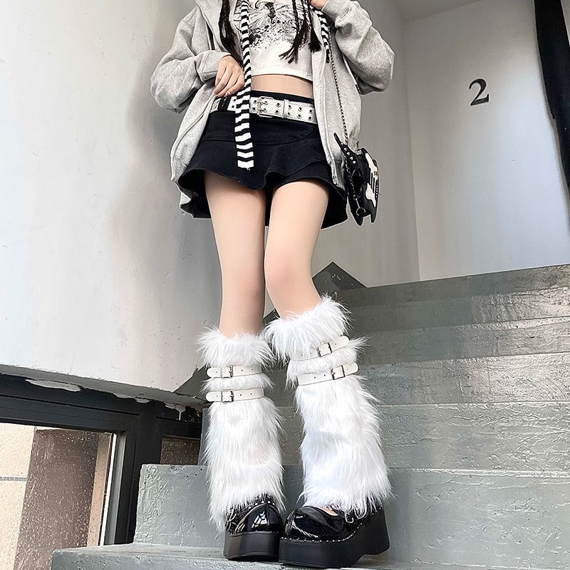 Y2K Style Faux Fur Leg Warmers with Pink Leather Buckle, Warm Mid-Calf Socks, Jk Style Slouch Socks Y2K Style Faux Fur Leg Warmers with Pink Leather Buckle, Warm Mid-Calf Socks, Jk Style Slouch Socks