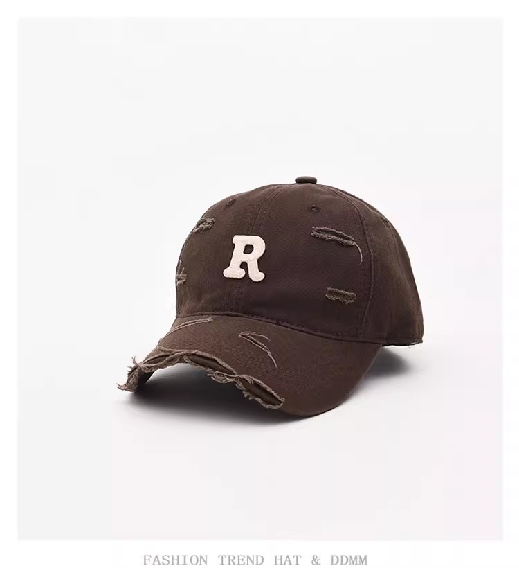 R letter baseball men women, worn out with holes curved eaves, duckbill caps for spring and summer, sun shading, small_voghion.com