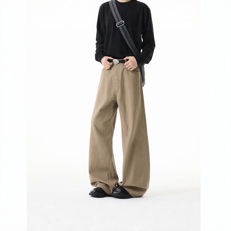2026 Fall/Winter Khaki Wide-Leg Men's Cleanfit American Retro Loose-Fit Floor-Length Draped High-Street Casual Pants for Men