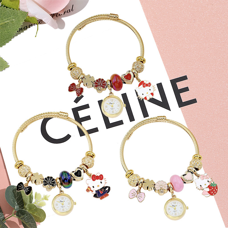 Hello Kitty Beaded Bracelet Female Student Kt Cat Bow Pendant Watch Quartz Watch Stainless Steel Bracelet