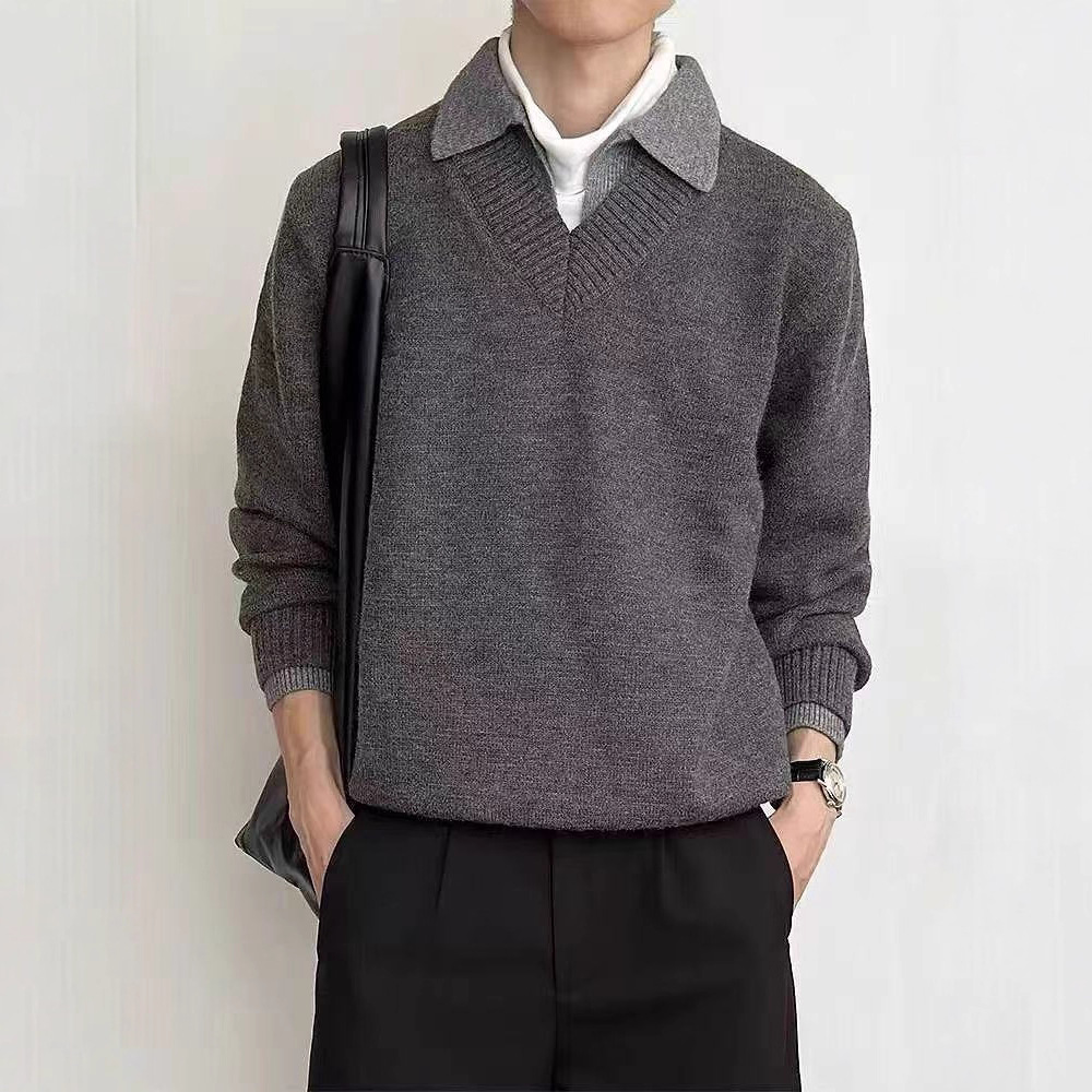 Suéter de punto de hombre falso camisa de dos piezas de cuello V coreano casual camisa de base de negocios ligera abrigo de viento perezoso transfronterizo