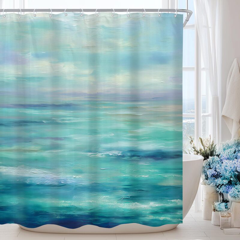 Bathroom Shower Curtain in Teal Green Oil Painting Style, Thickened Polyester Shower Curtain with Digital Printing, Customizable with Your Own Design