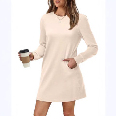 2024 ヨーロッパとアメリカの貿易クロスボーダー婦人服アマゾン爆丸首バックプリーツポケット長袖スウェットシャツドレス