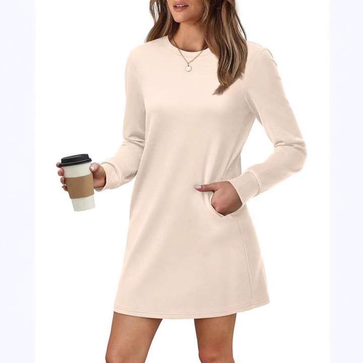 2026 European and American Foreign Trade Cross-Border Women's Clothing Amazon Hot-Selling Round Neck Back Pleated Pocket Long-Sleeve Sweatshirt Dress