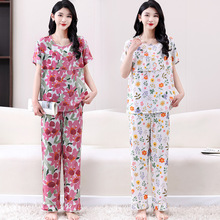 中老年女人造棉短袖长裤家居服两件套妈妈夏季防凸点棉绸睡衣套装