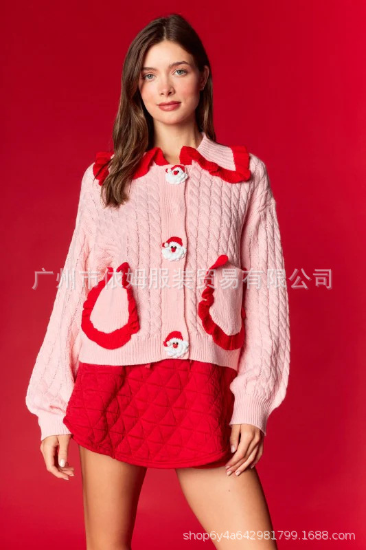 亚马逊25秋冬新款跨境欧美女装圣诞节娃娃领花边装饰休闲女士毛衣|undefined